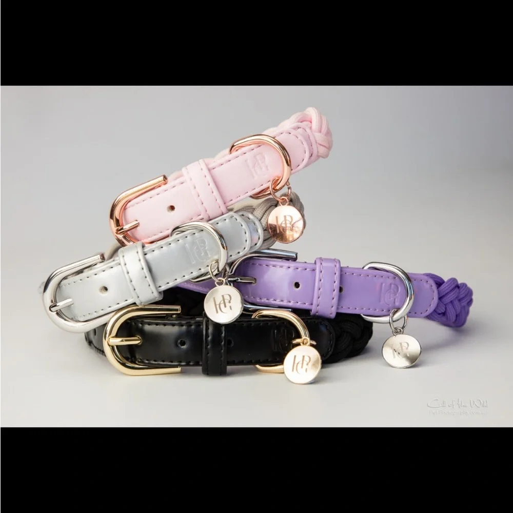 HGP Luxury Blue Weaved Dog Collar Gold Hardware Leather Trim | Small - Picture 3 of 5